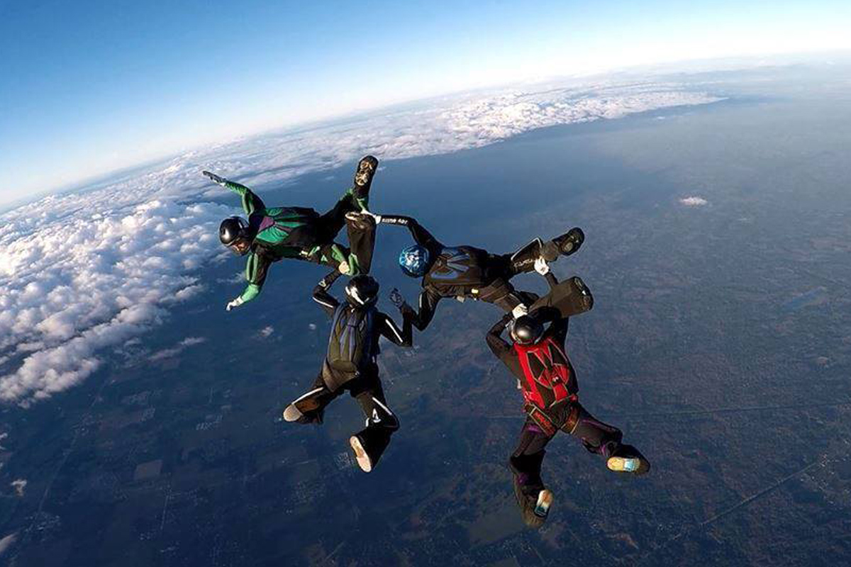 Experienced skydivers doing 4-way formation
