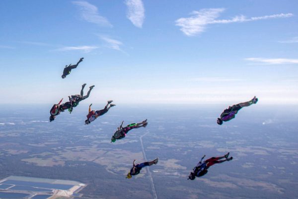 Experienced jumpers doing an Angle Dive formation at Skydive City Z-Hills.