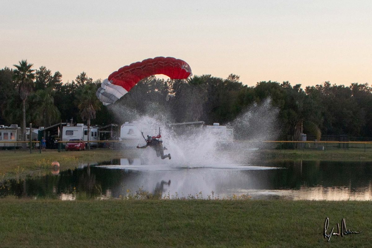 Fun jumper swooping in pond at Skydive City.