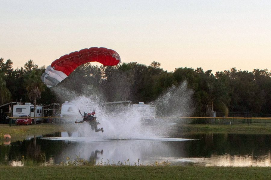 Experienced skydiver swooping in the pond at Skydive City Z-Hills