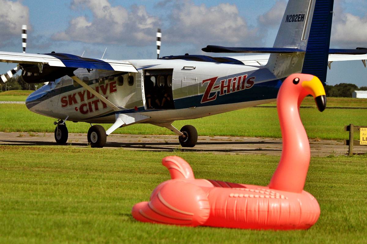 Twin Otter airplane sitting on runway track with pink flamingo in the distance.