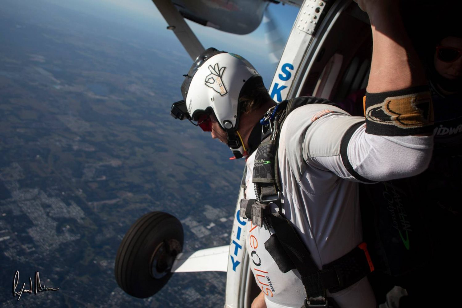 Skydive City jumper getting ready to exit the airplane.